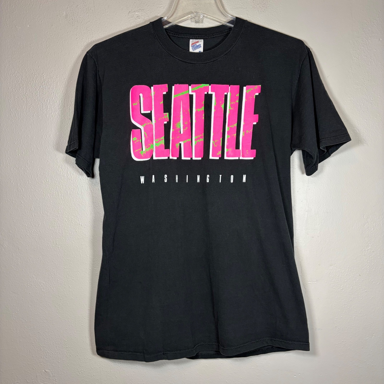 Vintage Jerzees Seattle Washington T Shirt Black Neon Pink Green XL Made in USA
