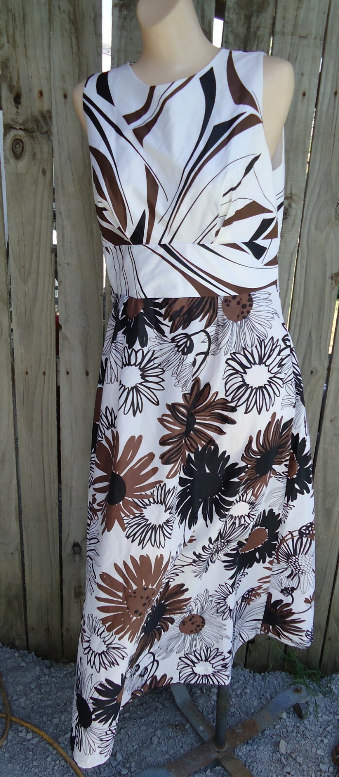 NOS Vtg 70s MidCentury Sleeveless White Brown Black Floral Maxi Dress sz 14