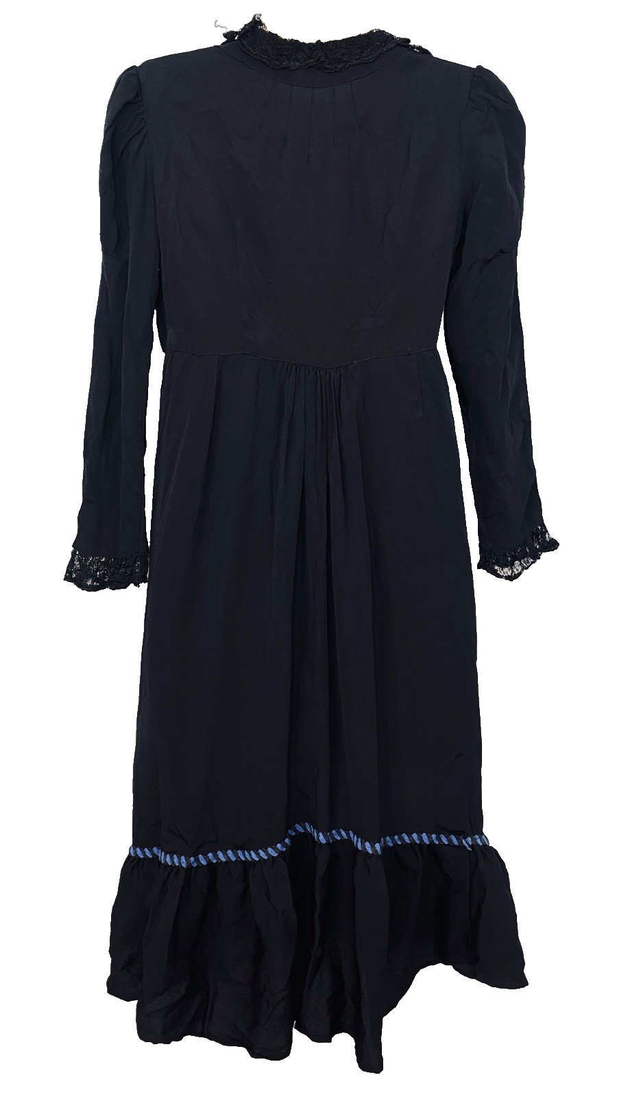 Vintage 1900s black dress XXS teen girls’ long puffed sleeves blue lace midi