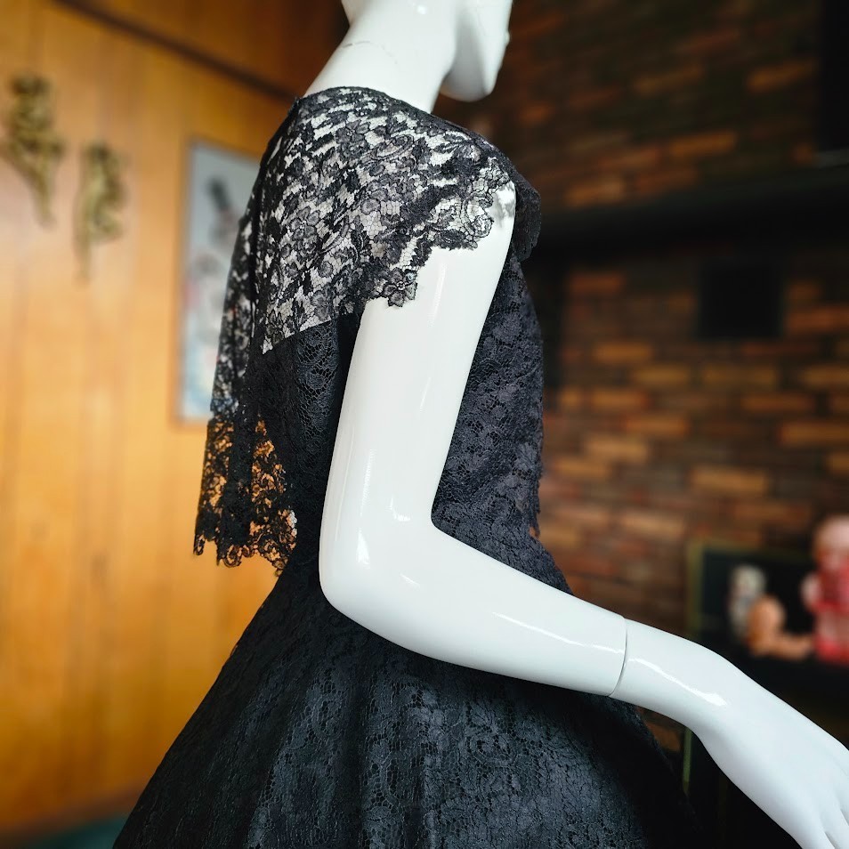 Vintage 1950s Black Lace Circle Prom Evening Cocktail Party Dress w/ Bolero XS/S