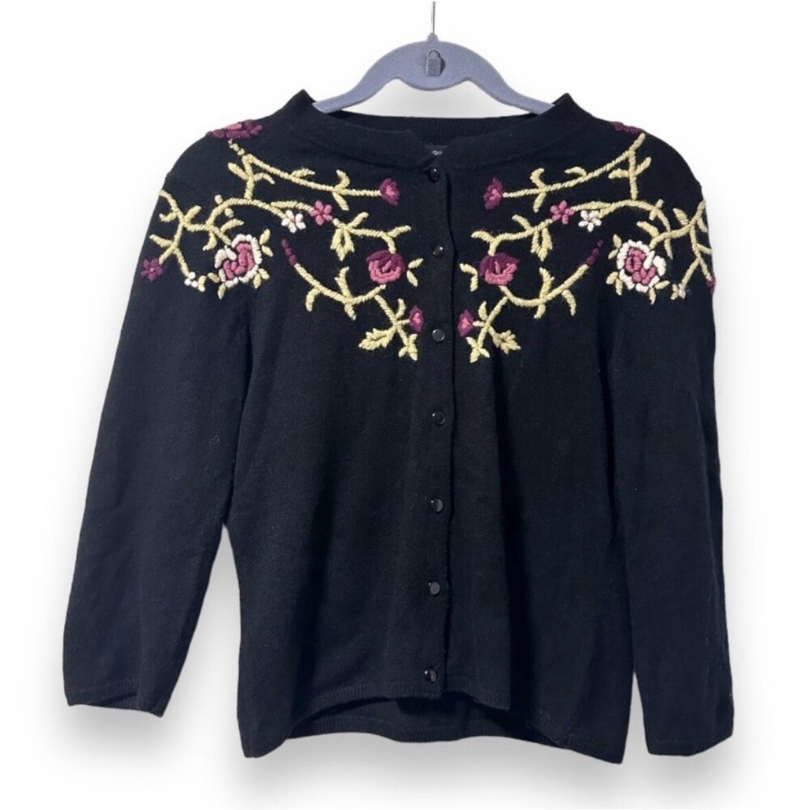 Vintage Black Floral Embroidered Angora Blend Cardigan Size Medium P Cottagecore