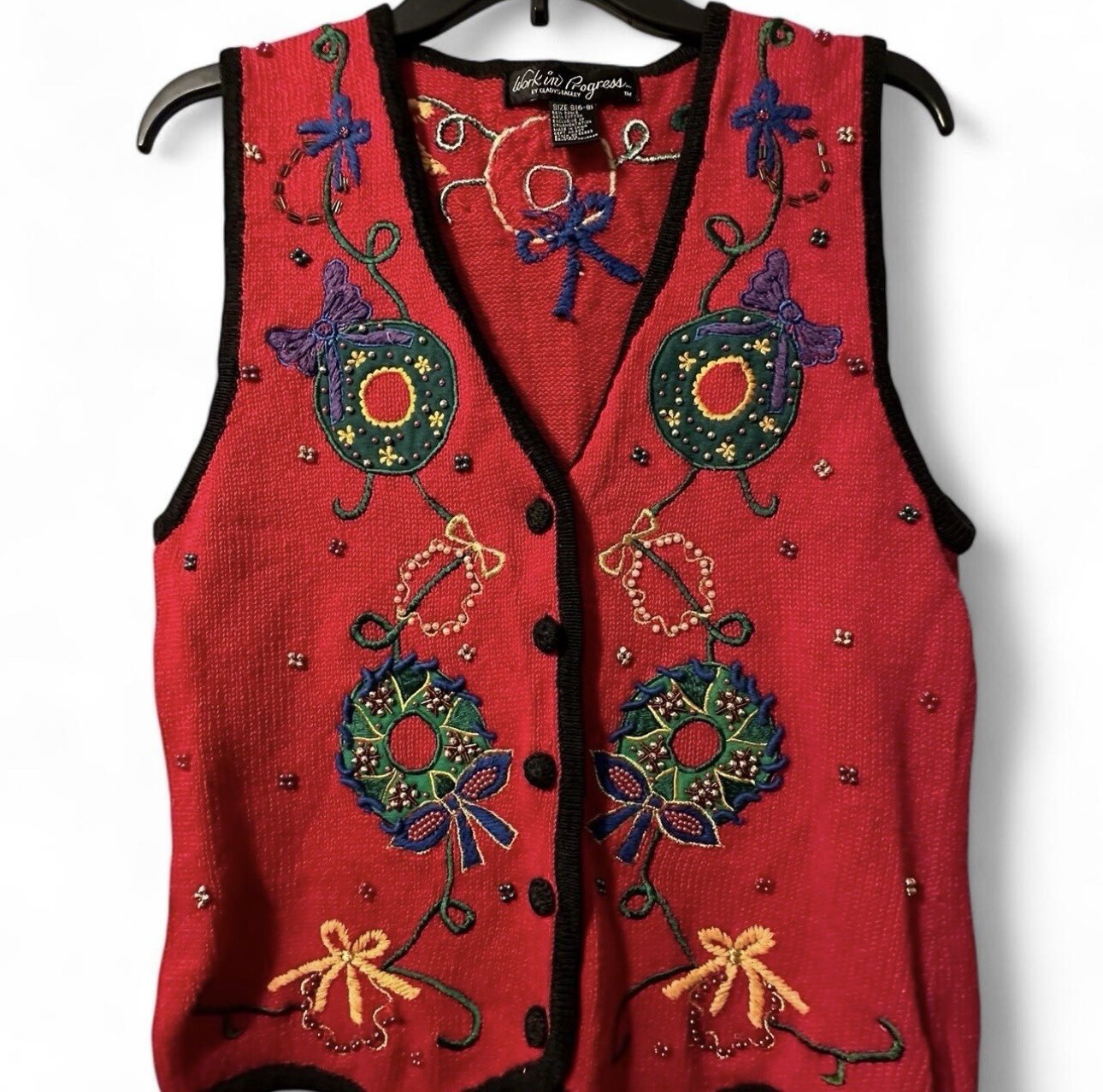 Vintage Knit Embroidered Christmas Sweater Vest Work In Progress Gladys Bagley