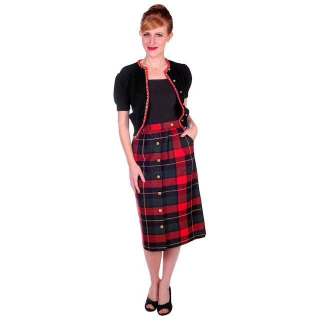 VTG 1980s Stonybrook Red Plaid Wool Pencil Skirt 50s Revival Brass Button Sz S