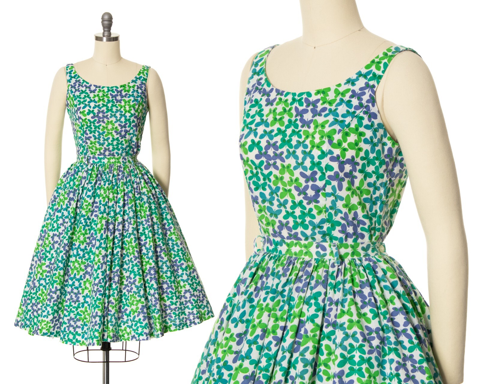 Vintage 1960s 60s Butterfly Novelty Print Cotton Sundress 2 Piece Top Skirt Set