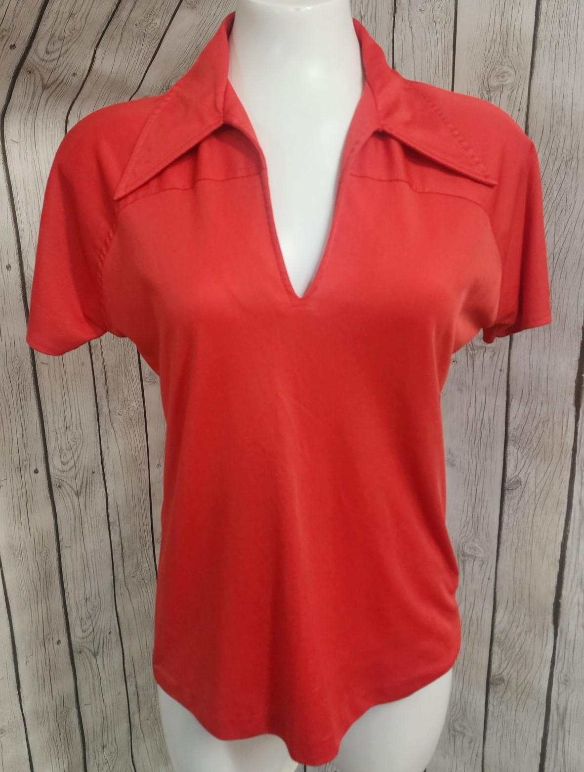 VTG 70s Lady Arrow Red Disco Blouse Dagger Collar V-Neck 100% Polyester Top L