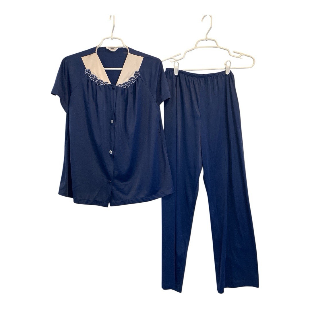 Vanity Fair Blue 2pc. Silky Nylon Pajama Set Short Sleeve Size Med USA Vintage