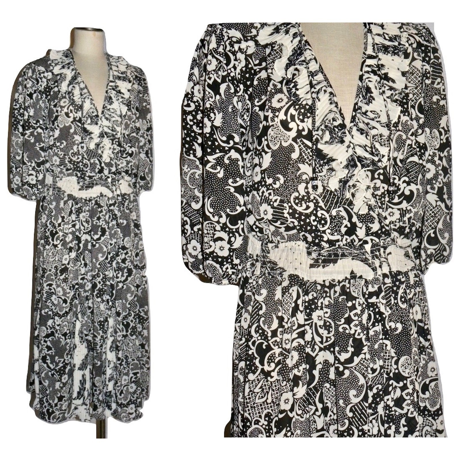 Vintage Susan Freis Black White Graphic Georgette Dress | M/L