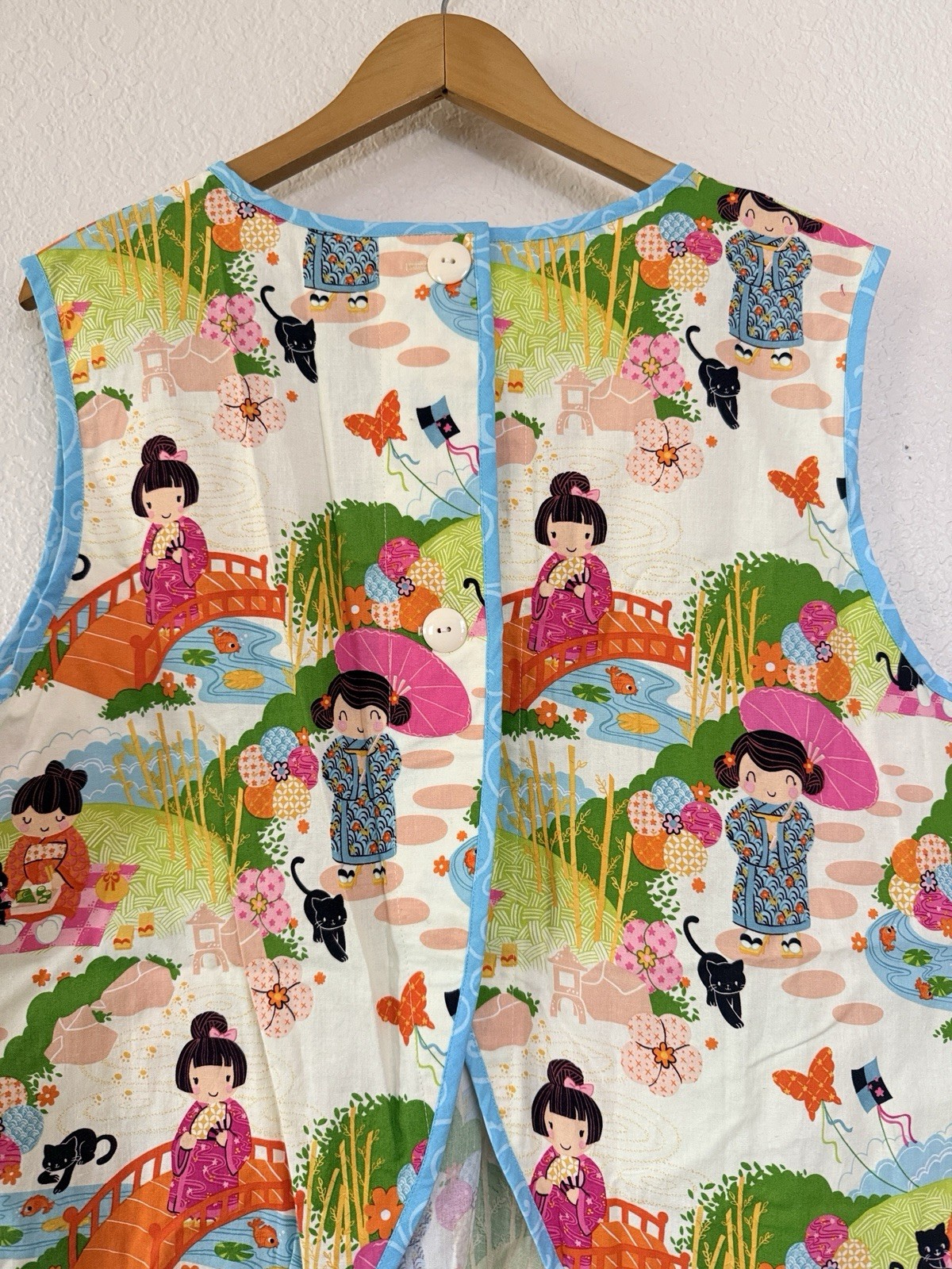 Vintage Handmade Japanese Kawaii XL Top Smock Novelty Print Open Back Cotton New