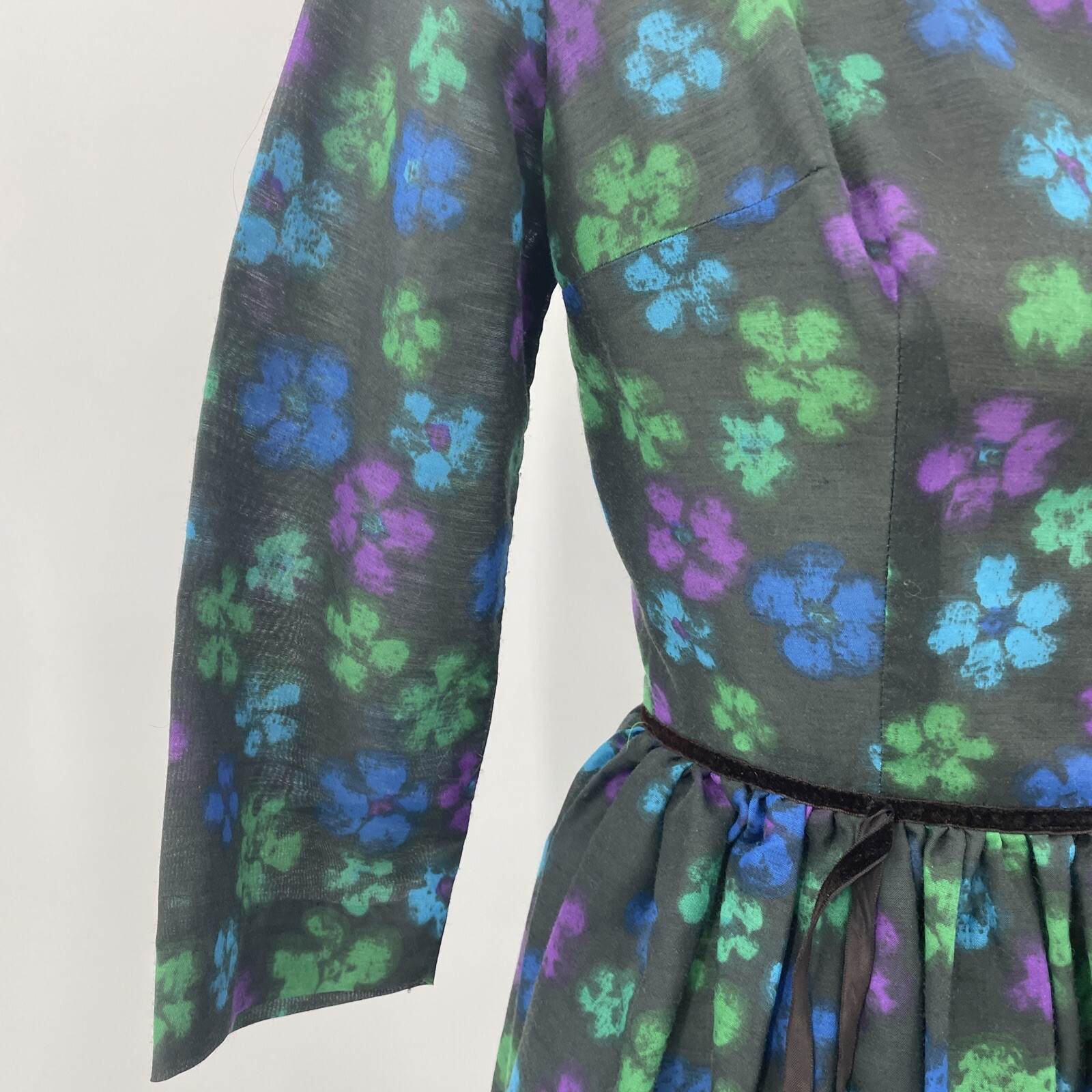 Vintage Mindy Ross Dress Fit and Flare Black Bright Flowers Party MOD Retro