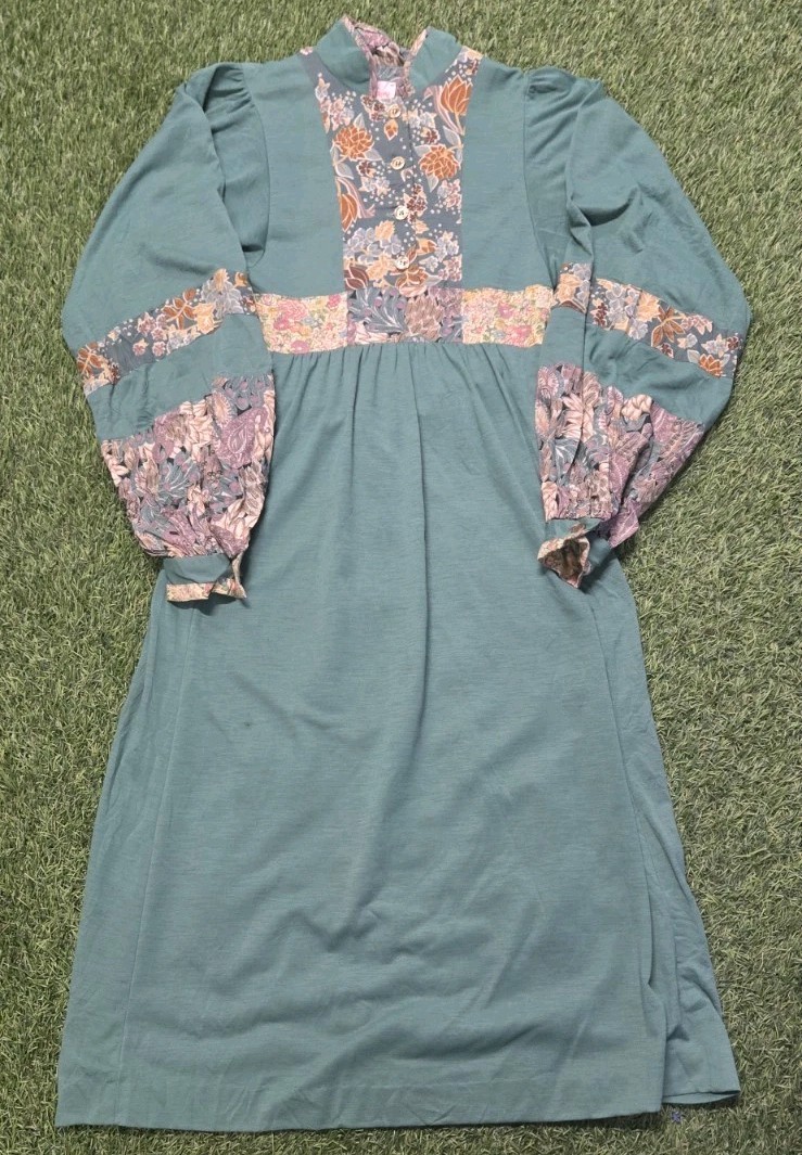 VTG 70s Mindy Malone Patchwork Prairie Maxi Dress Boho Cottagecore Bishop Sleeve