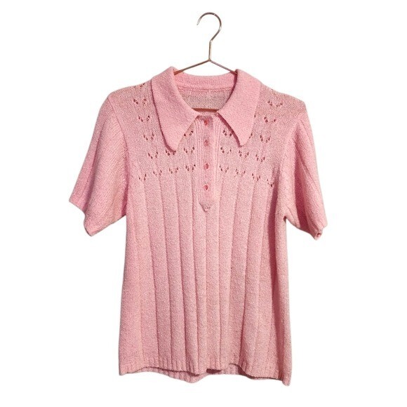 VINTAGE 70’s bubblegum pink acrylic knit pointed collar short sleeve sweater top