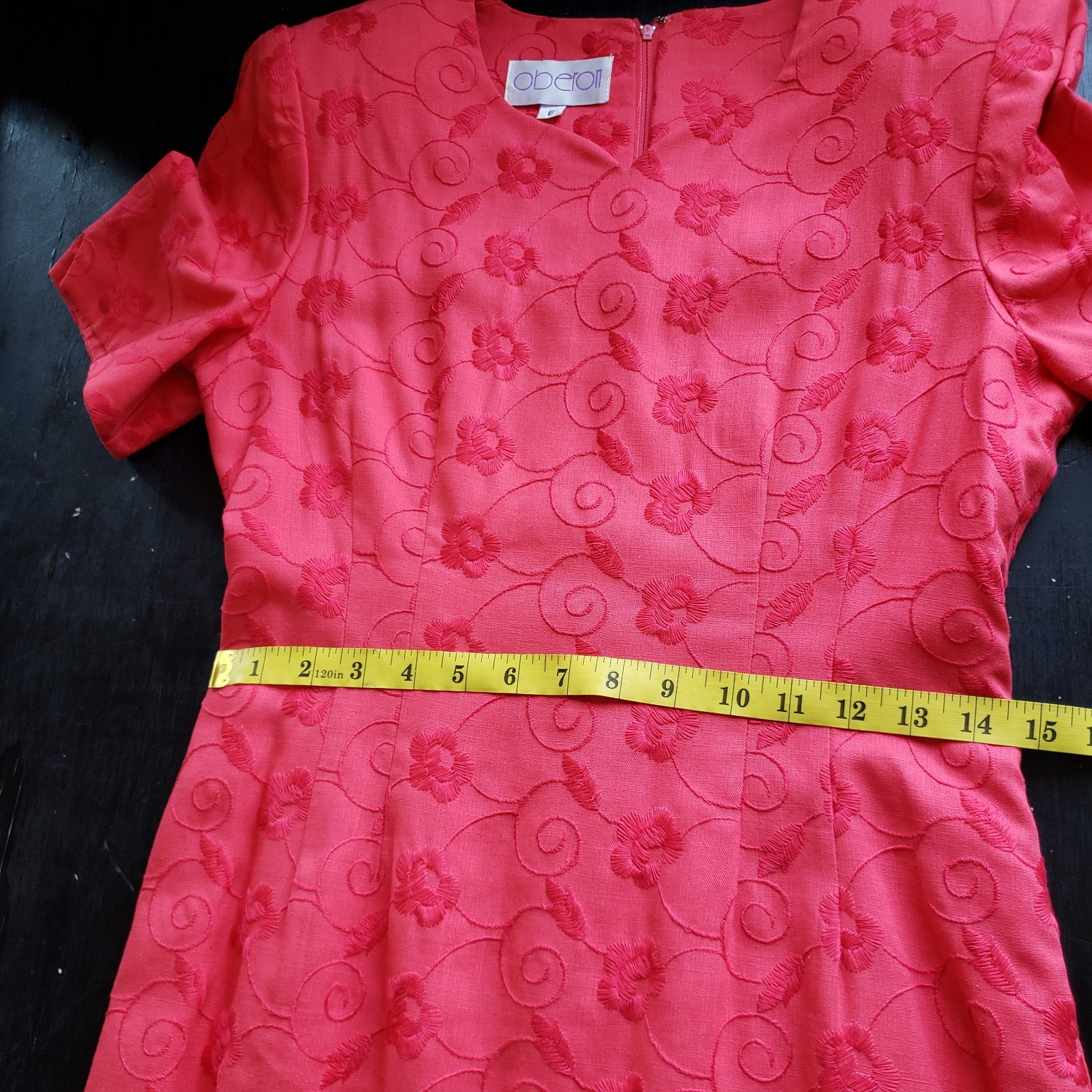 Oberon Dress 6 Embroidered Linen Blend Sheath Poppy Red Short Sleeve Knee Length