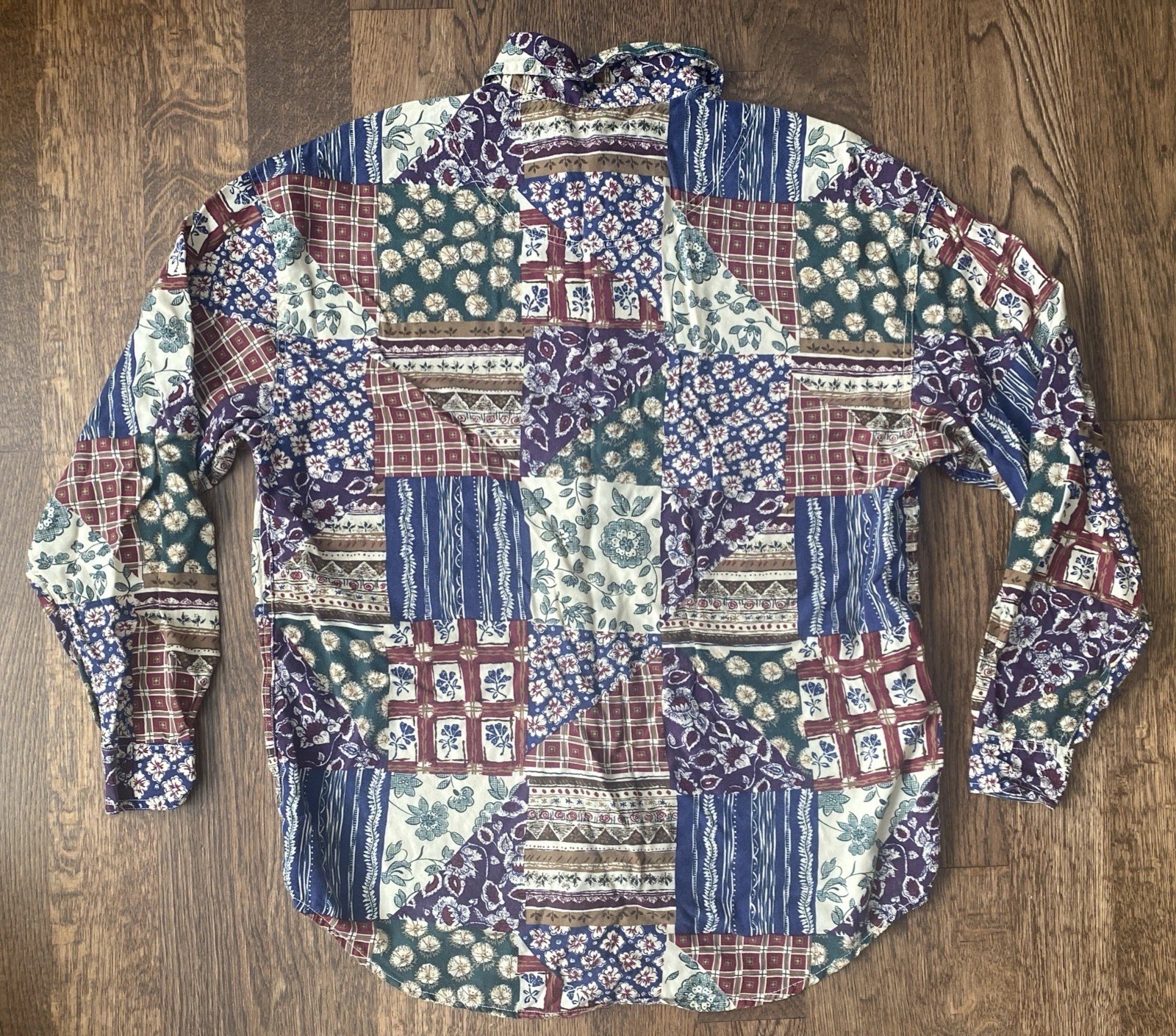 Vtg 90s Patchwork Rayon Button Shirt Women’s Medium LizWear Grandma Core Boho