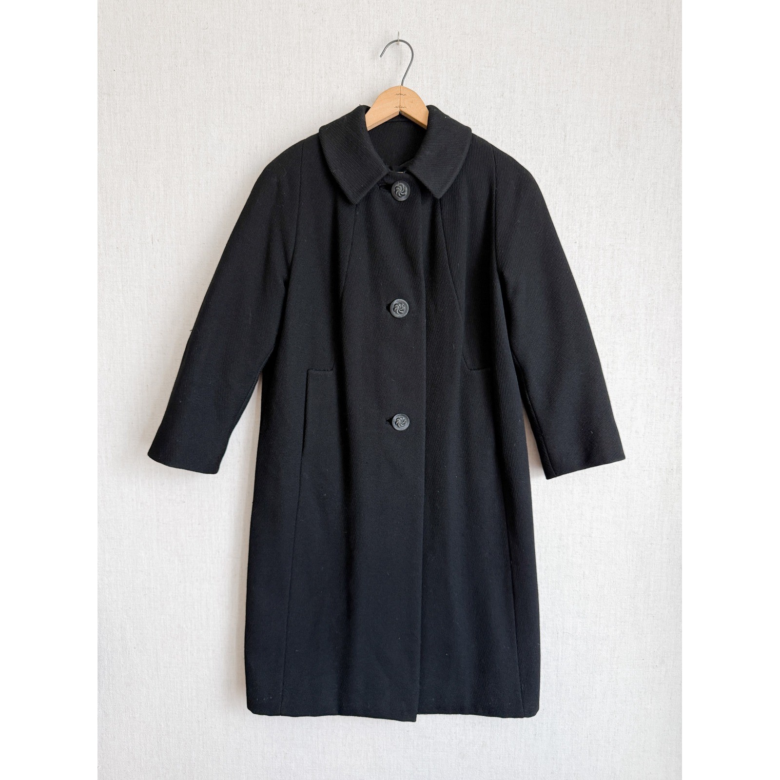 Vintage Thalhimers Black Wool Overcoat Peter Pan Collar Swirl Button Coat Womens