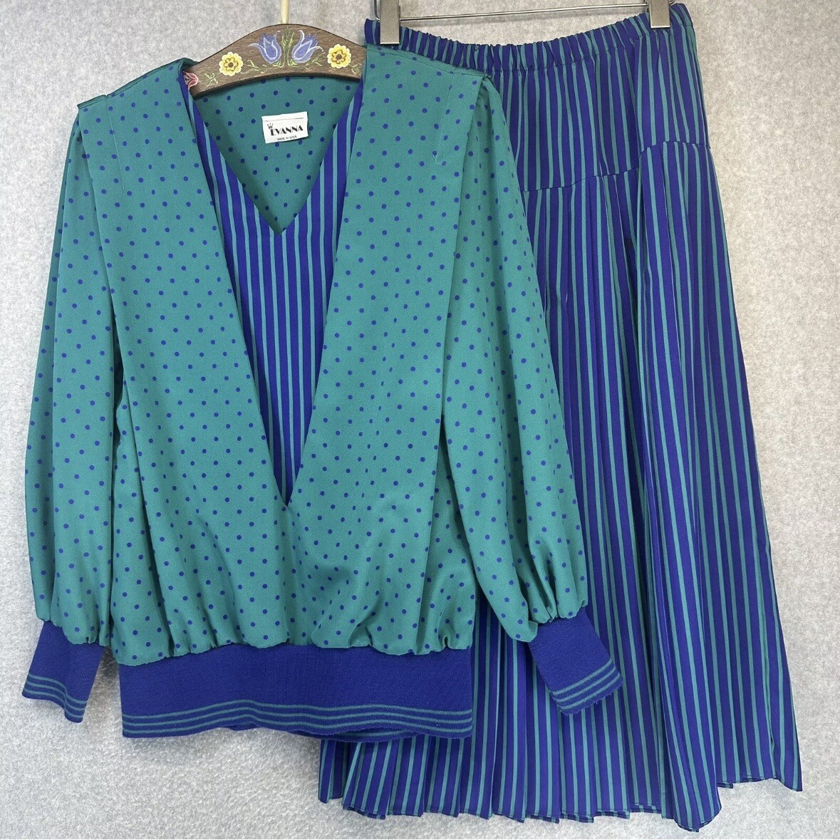 Evanna Vintage 80s Polka Dot Striped 2-Piece Office Set Made in USA 14 Petit