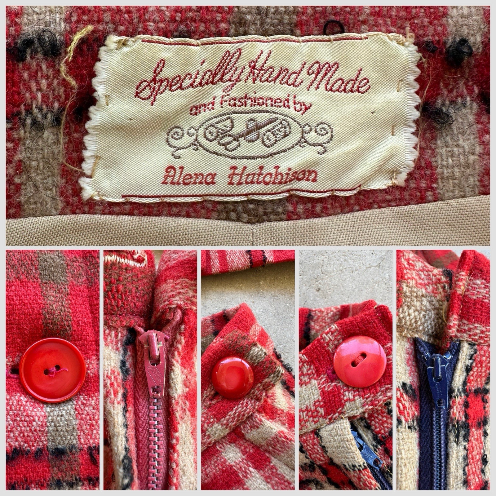 1960s Red Plaid Wool 3-Pc Set Jacket Skirt Pants Handmade Mod Suit Size Zip VTG