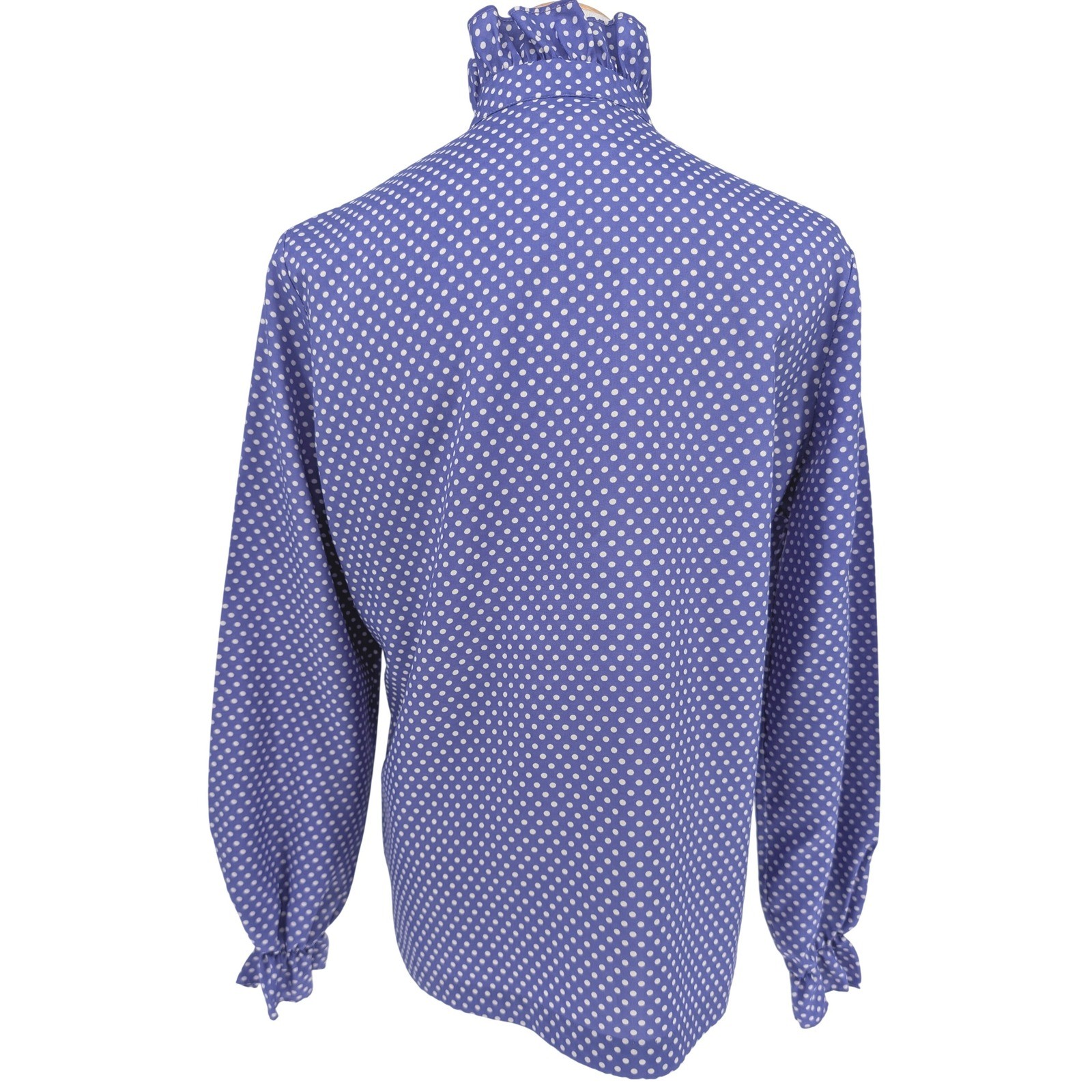 Rhoda Lee Polka Dot Blouse Womens 12 Blue Vintage Ruffle Neck Tie Coquette 70s