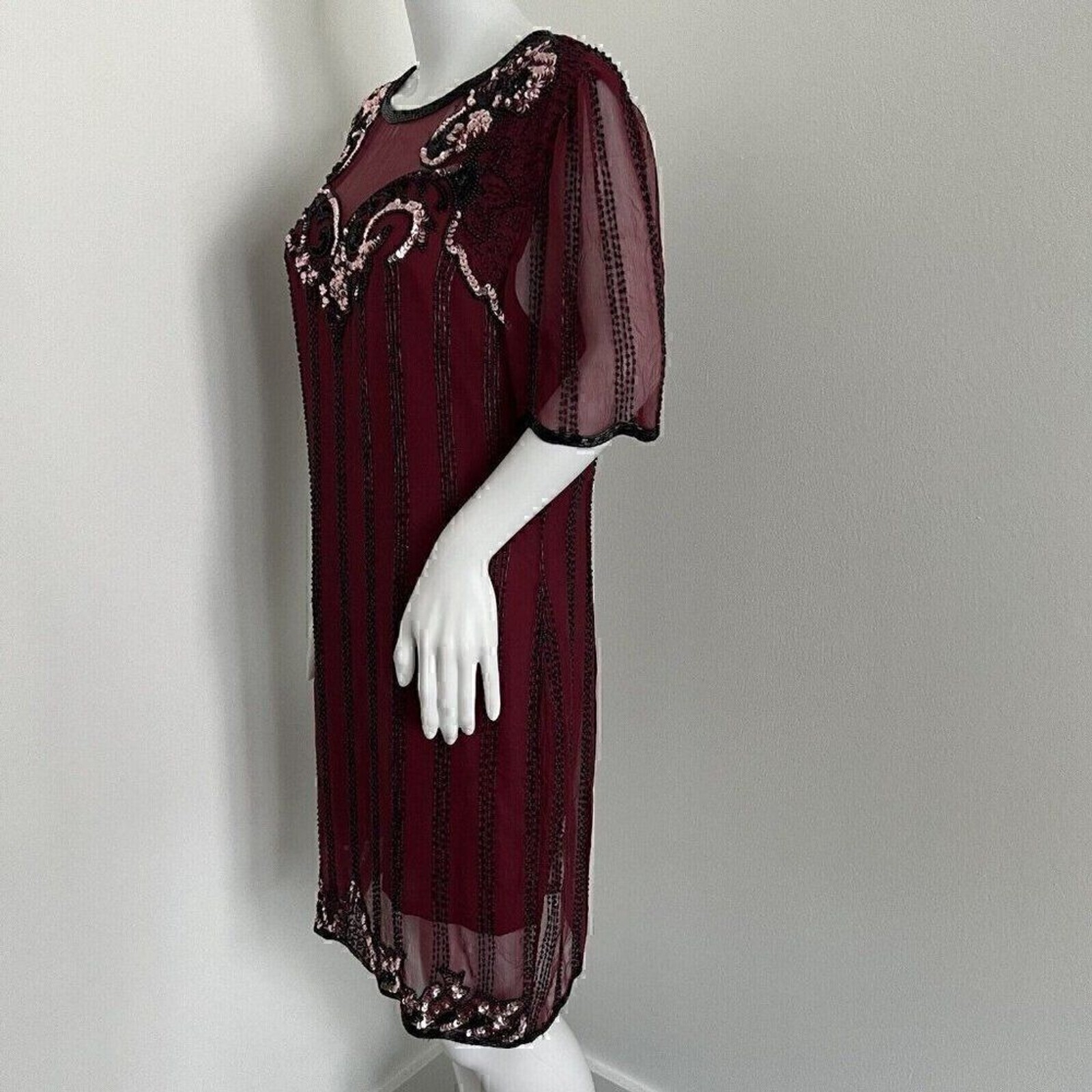 Vintage 90s Jennifer by KVM Party Dress Size M Cranberry Sequin Embroidered Silk