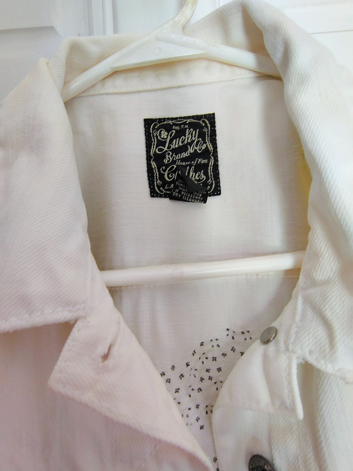 Lucky Brand Studded Denim Jacket XL White Cream Heavy Metal Studs Boho Medallion