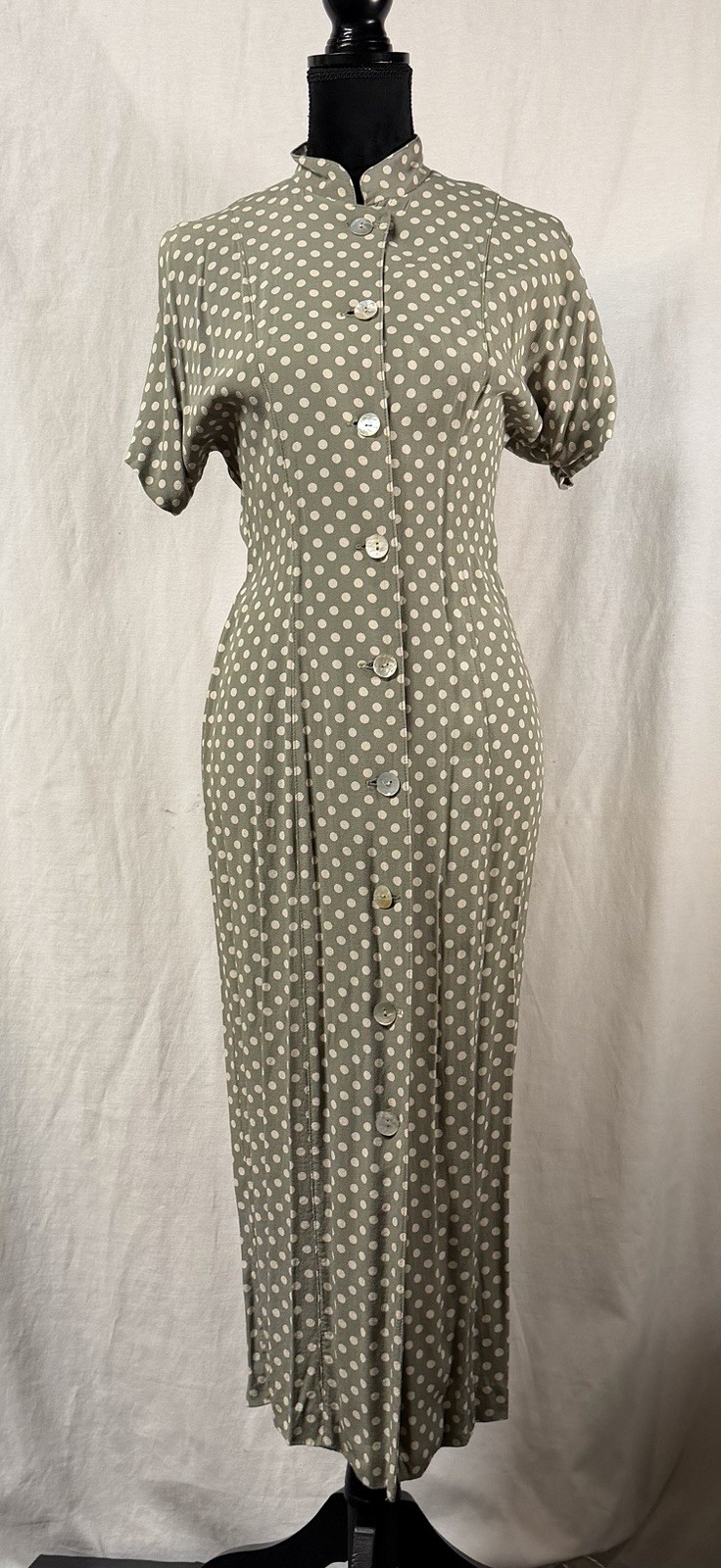 Vintage Claude Rene NY Green White Button Down Polka Dot Dress 1990’s Size 6