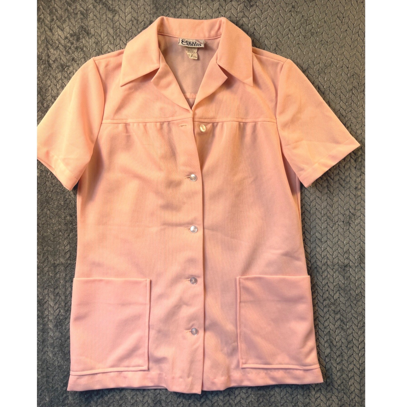 Crest Careers Vintage Pink Short Sleeve Button Up Tunic Blouse Top Uniform