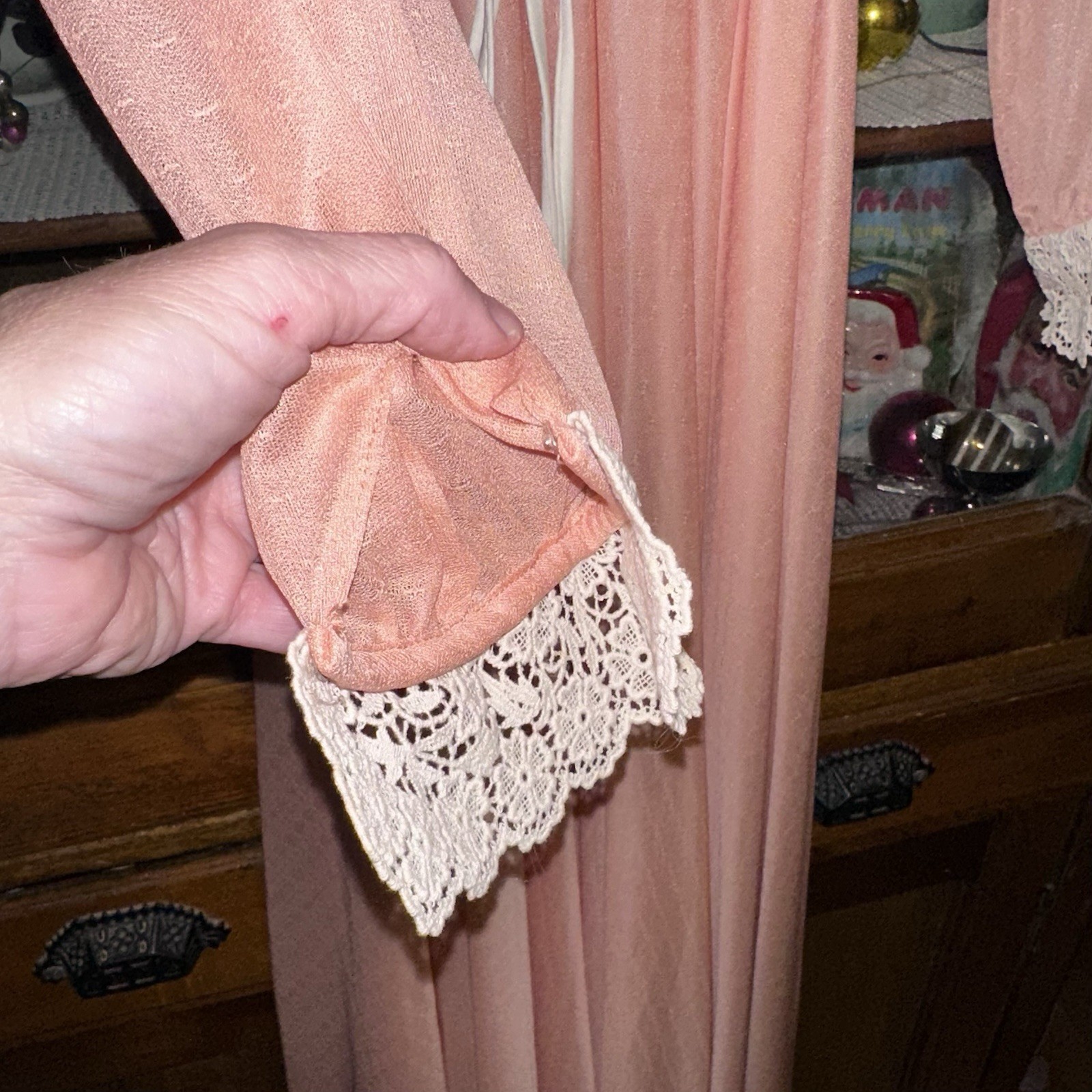 Vintage Peach Prairie Victorian Style Maxi Dress Pearl Buttons & Lace ’70’s