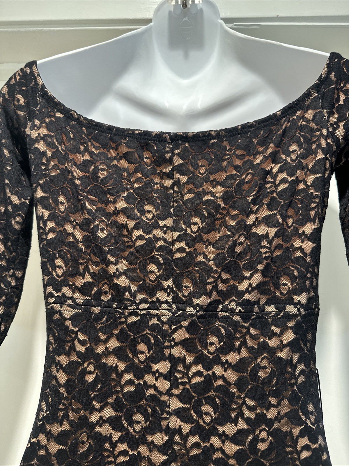Omo Norma Kamali 90s Black Lace & Nude Shoulder Baring Empire Mermaid Maxi L