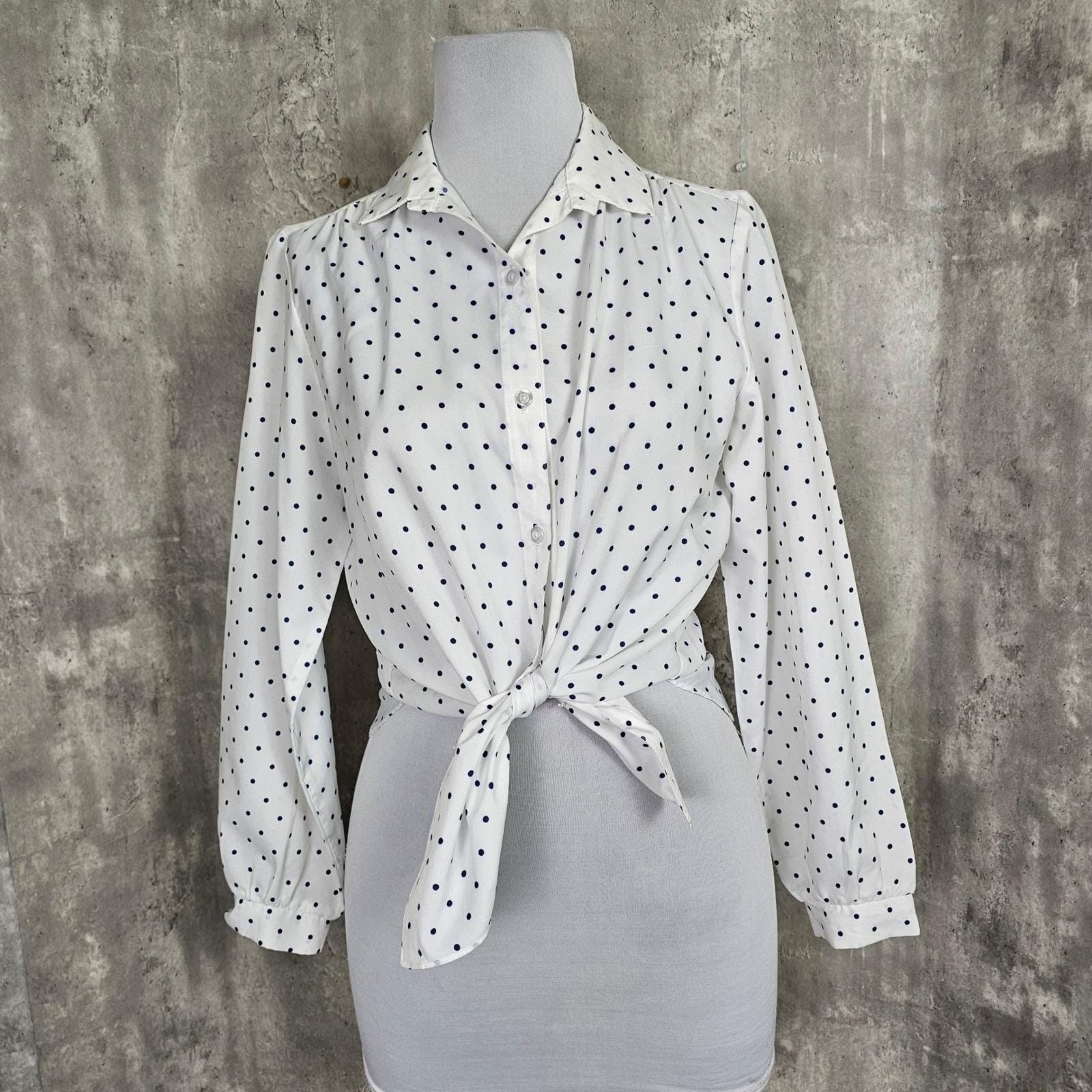 Vintage 80s 90s Lori of California L/XL Navy White Polka Dot Blouse Chic Casual