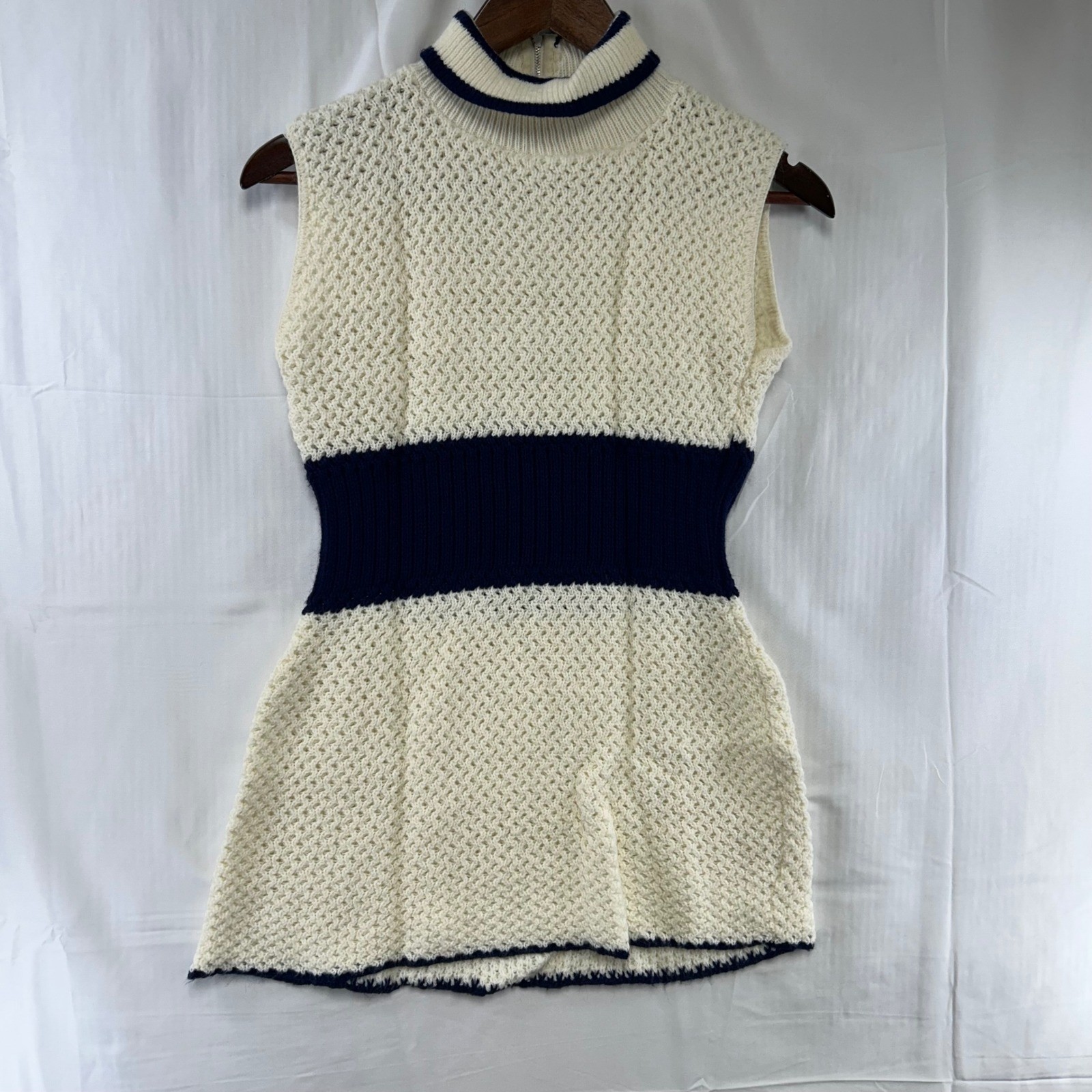 Tunic Women Small Cream Navy Blue Mod Ribbed Waist Mock Neck Zip Back Handmade