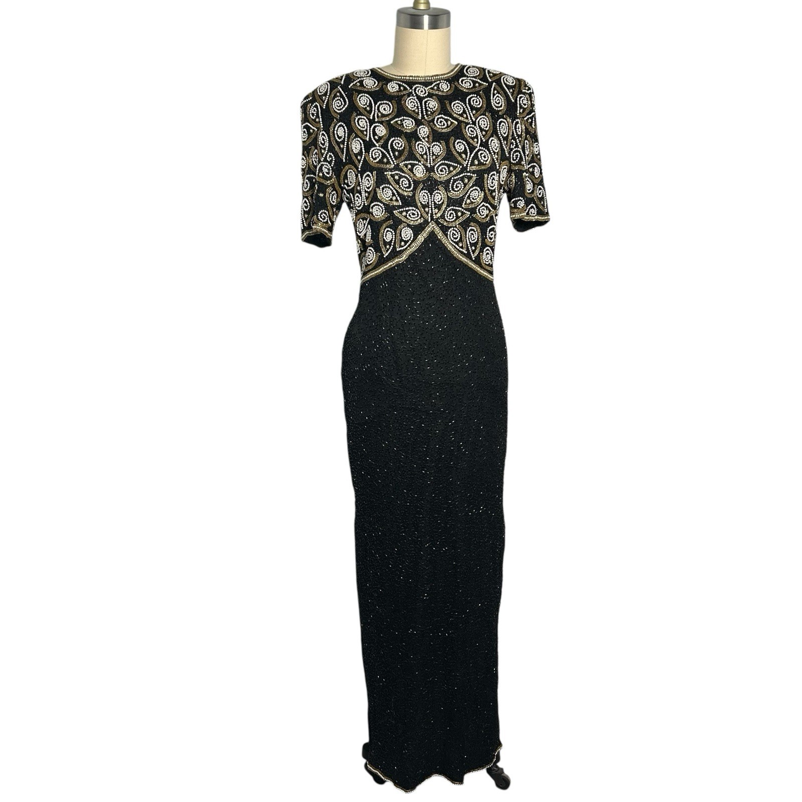 Brilliante by J.A. Beaded Silk Gown Vintage 80s Black Gold Small