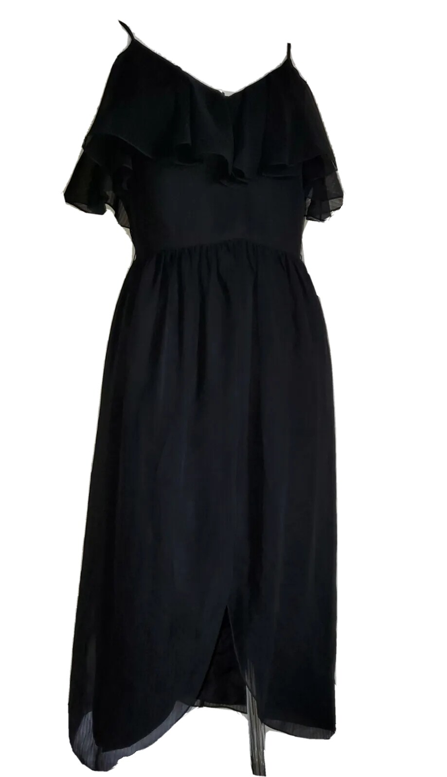 David Morris 70s Era Vtg Dress w Flutter Volance Bustline & Spaghetti Straps S