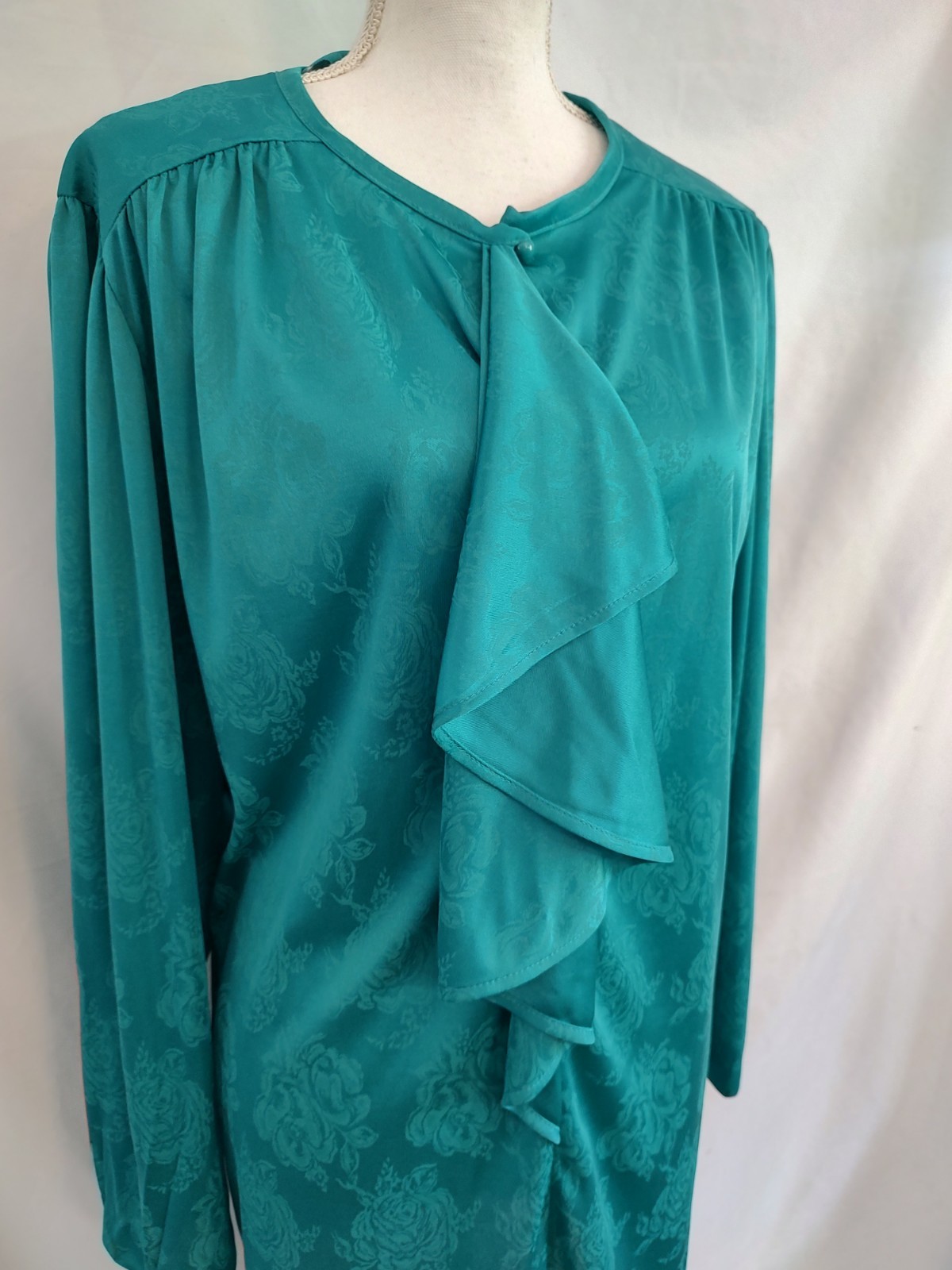 80’s Vintage Dress HHR Jade Green Shirt Dress Ruffle Poet Neck Long Sleeve Sz XL