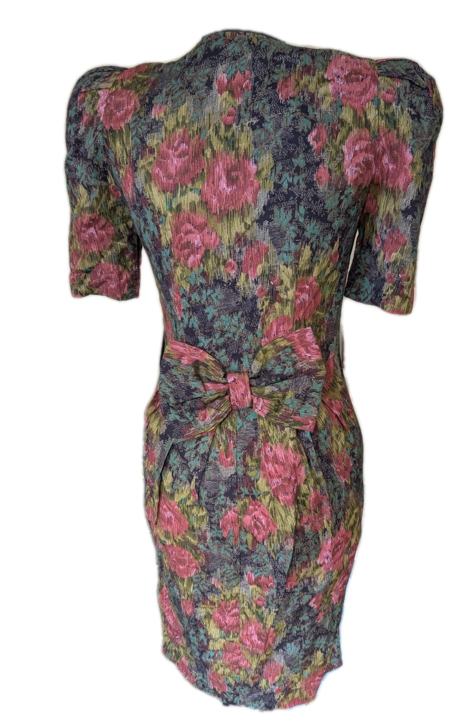 Vintage 80s Floral Button Down Dress W/ Puff Sleeves And Bow On Back Size 2