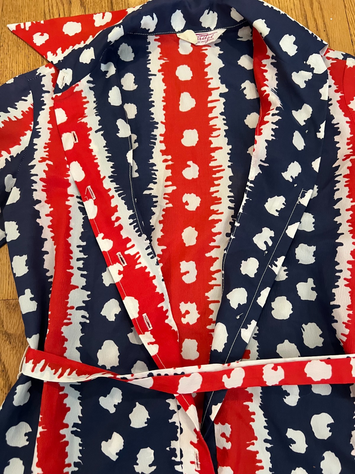 VTG 50s-60s Fritzi San Francisco Midi Dress Large Belted Wrap Tie Red/White/Blue