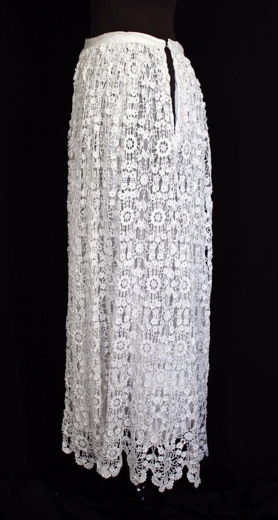 RARE ANTIQUE FRENCH LONG EDWARDIAN WHITE COTTON LACE PETTICOAT SKIRT 27″ WAIST