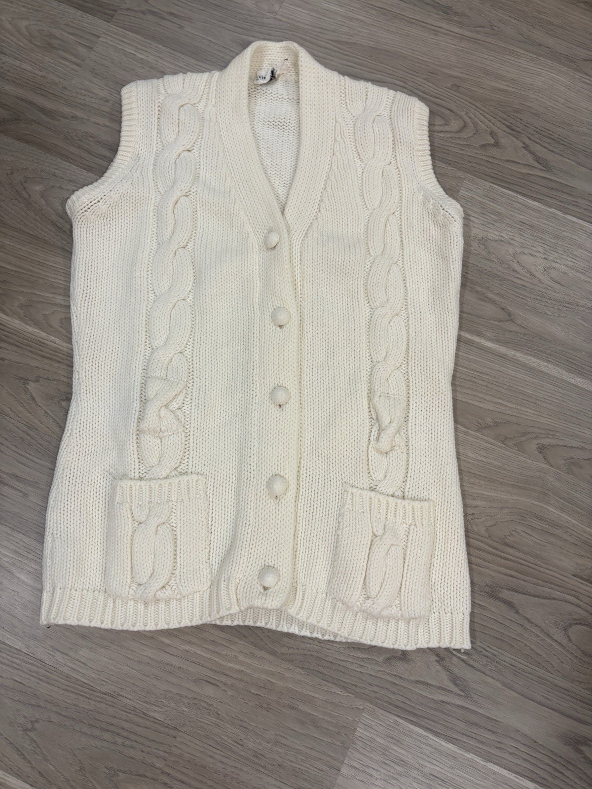 VTG Full Fashioned Loomed Ivory Knit Sweater Vest Button Up Pockets NO BELT Sz M