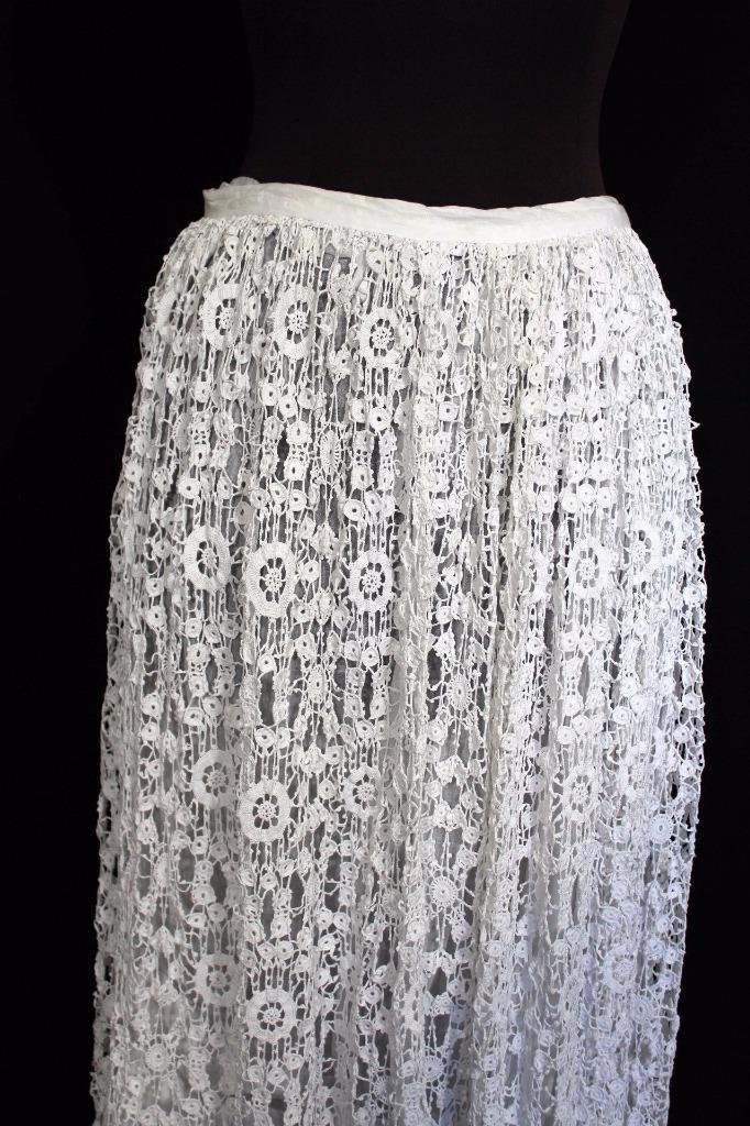 RARE ANTIQUE FRENCH LONG EDWARDIAN WHITE COTTON LACE PETTICOAT SKIRT 27″ WAIST