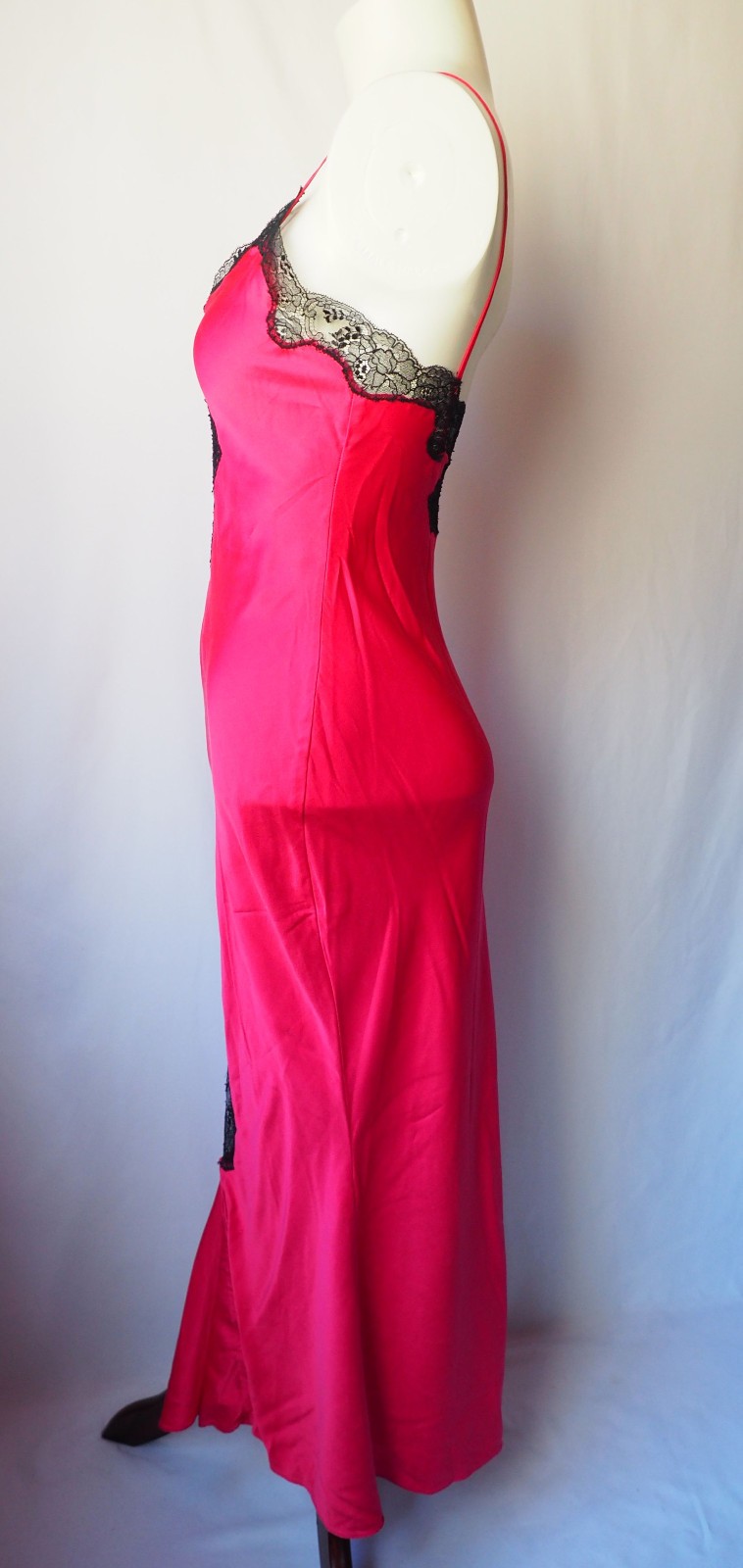 Vintage Ria 100% Silk Lingerie Slip Dress Mermaid Gown Hot Pink Black Lace P