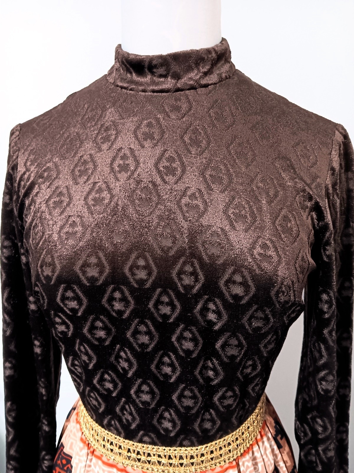 Vintage 70s Dress Brown Maxi Velvet Aztec Pixels Print Boho Hostess Gown