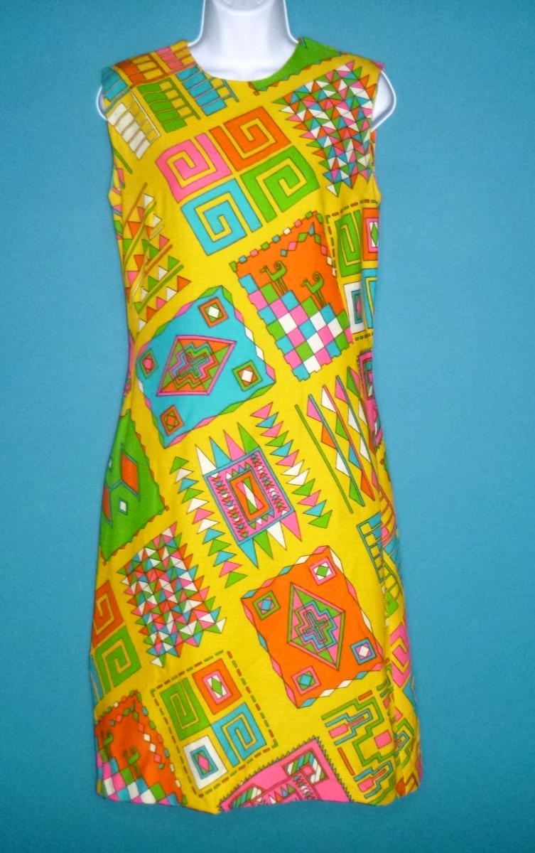 Vtg 60s 70s Joyce Sportswear Colorful Aztec Geometric Shift Dress Sz M