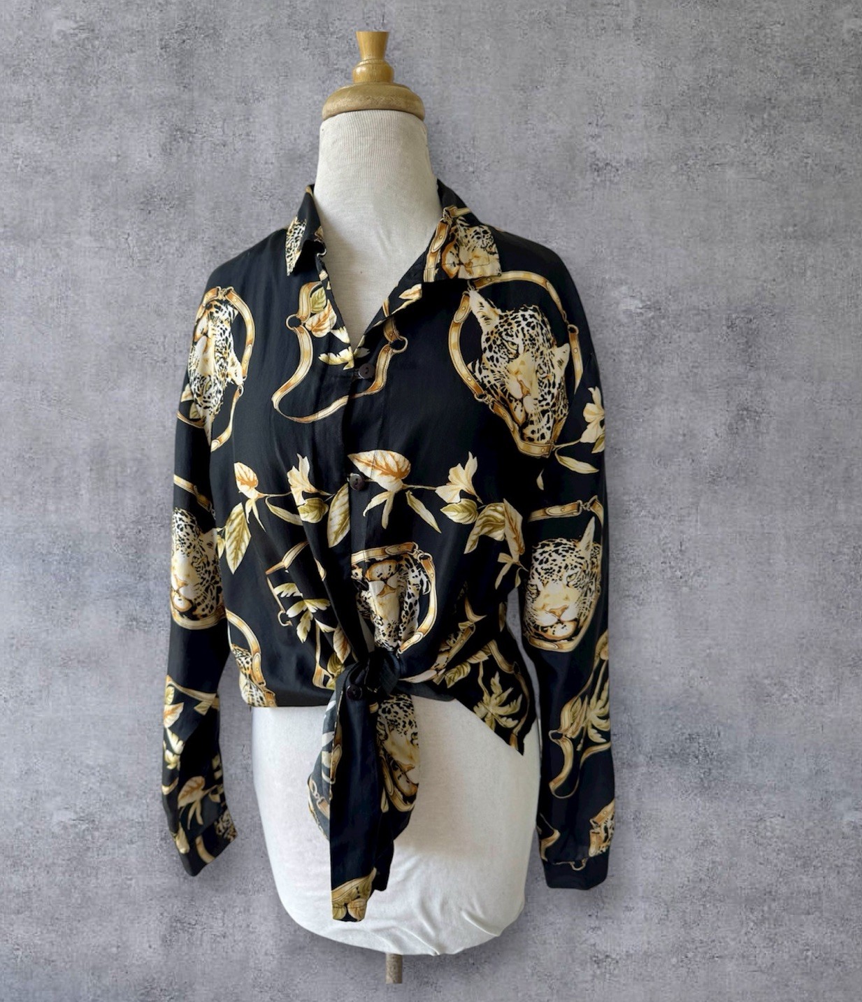 Vtg 90s Stunt Leopard Floral 100% Silk Button Down Shirt Sz M Baroque Mobwife
