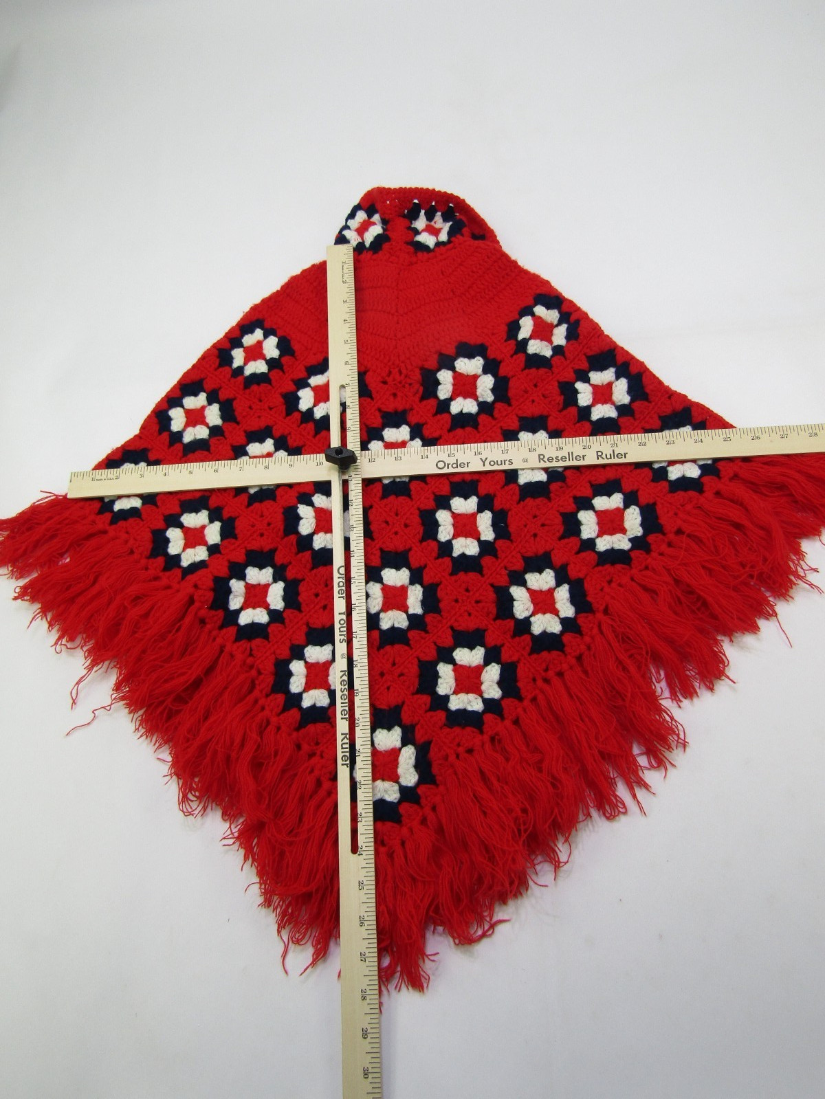 VTG Crochet Afghan Poncho Womens Small Red Fringe Fashions South Korea Grandma