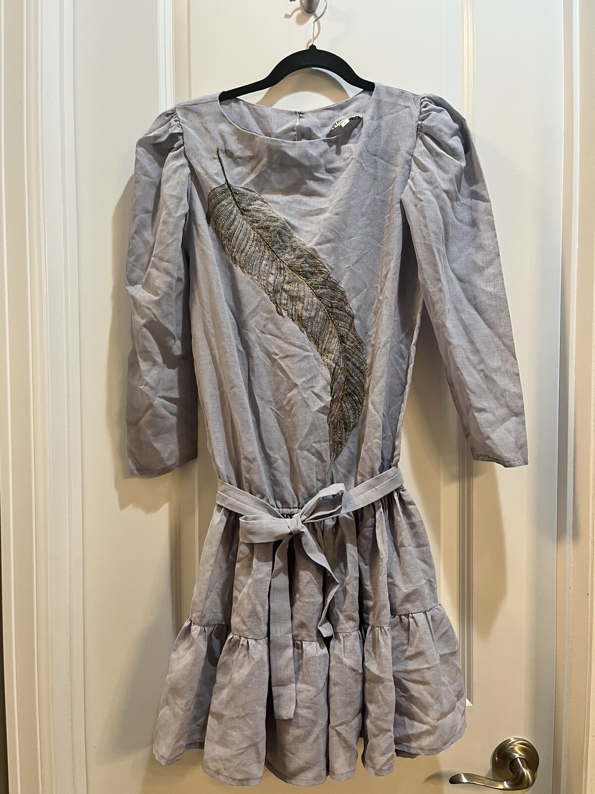 Vintage 1980s B. VerdeBlanco Dress Small Drop Down Waist Gold Leaf Embroidered