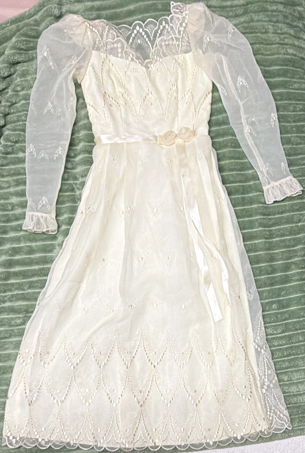 Vintage Ivory Lace Organza A-Line Dress Long Sleeve, NO SIZE MEASUREMENTS SHOWN