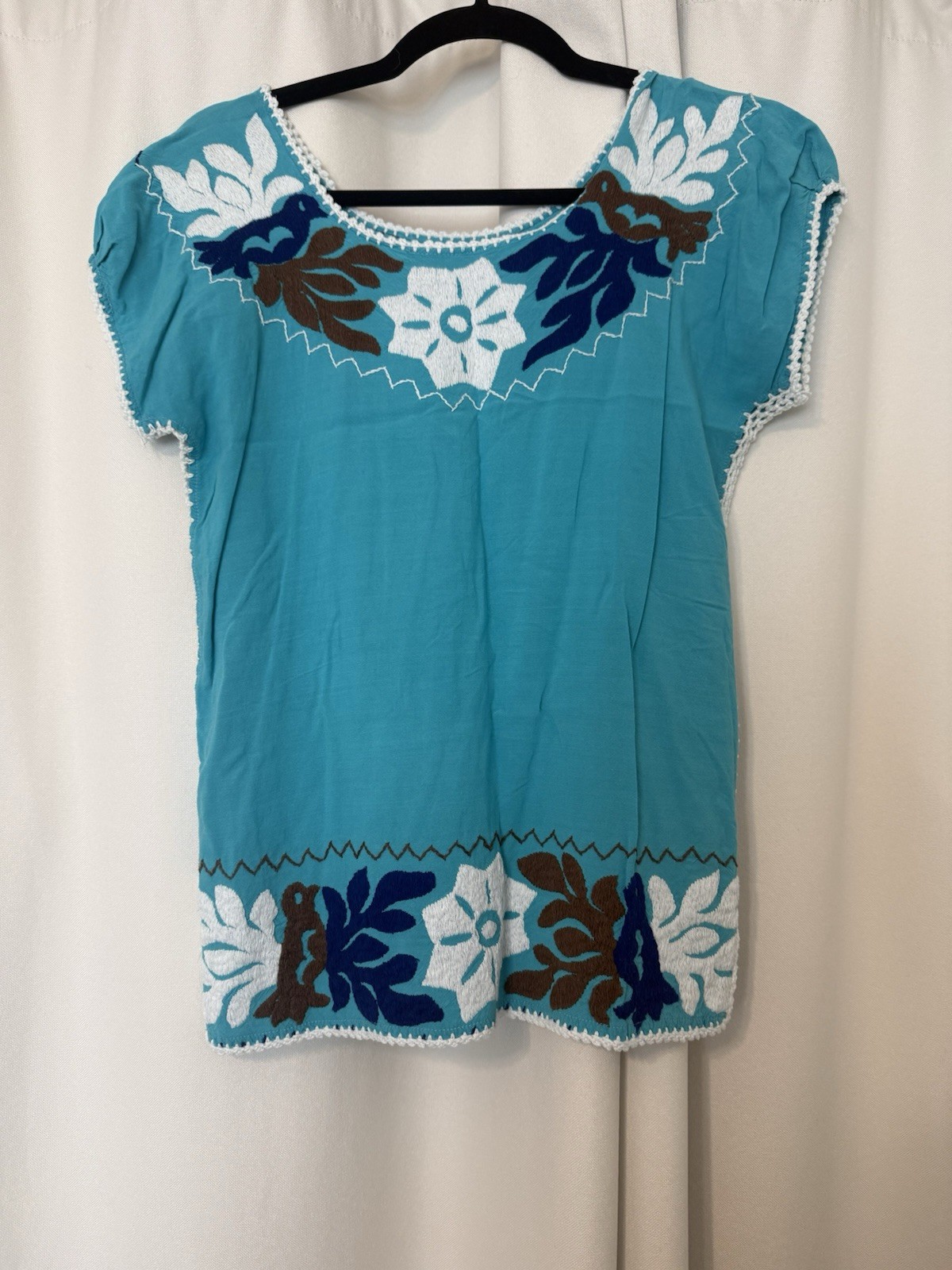 Silvia Suarez Traditional Textiles Embroidered Cap Sleeve Top in Blue Size XS/S