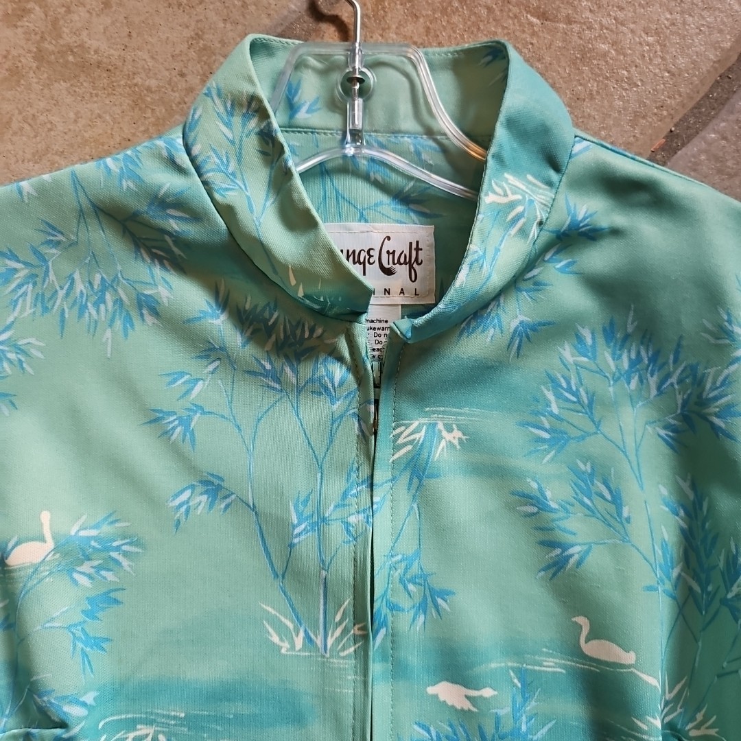 Vtg 70s Asian Pastel Green – Swans Birds Zip Up Robe Lounge Craft Original S/M
