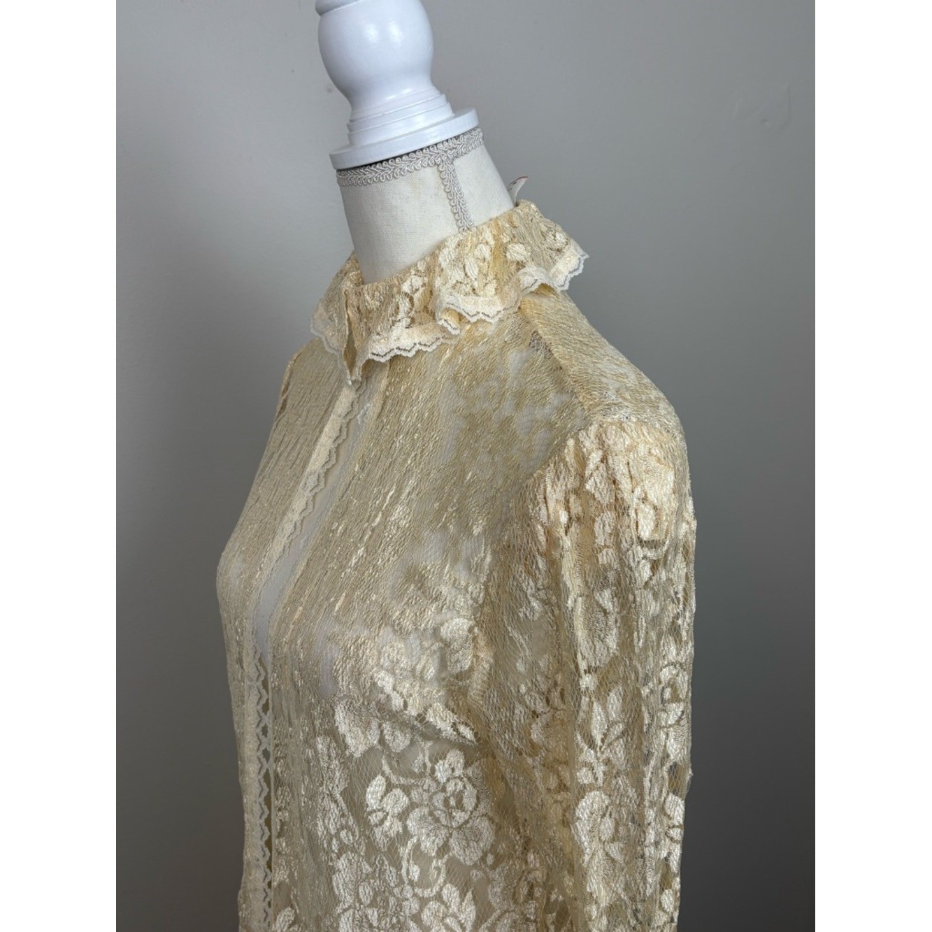 Vtg Jessica McClintock Top Women Lg Cream Lace Tunic Cardigan Victorian Coquette