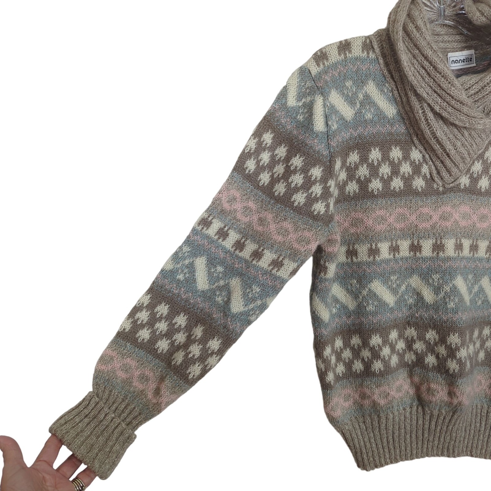Vintage Nanette Women’s Fair Isle Sweater S/M Pastel Pattern Shawl Collar