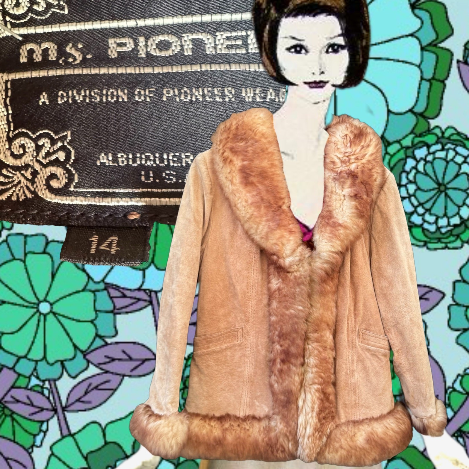 1970s Penny Lane Ms. Pioneer Suede Faux Fur Coat Quilted Chest 40” Vintage