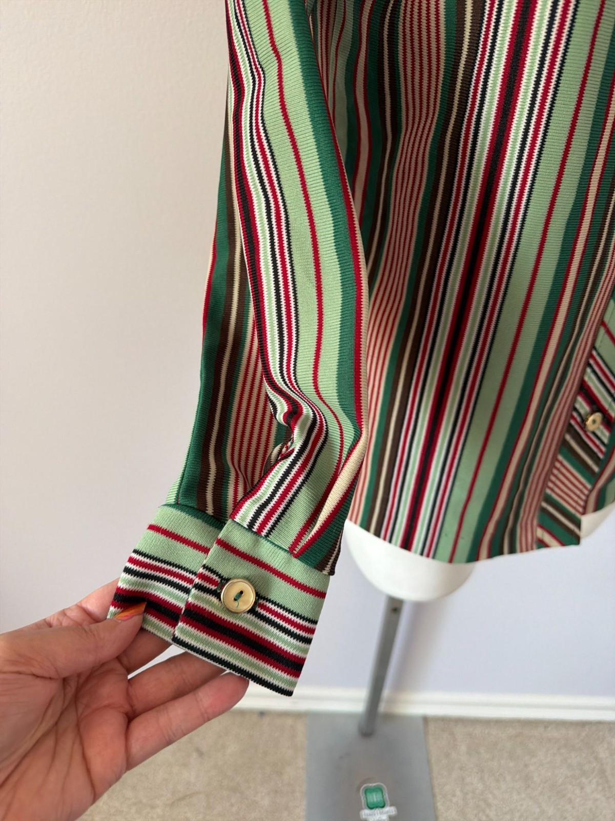 Vintage 70s Retro Green Striped Dagger Collar Secretary Disco Blouse Womens Med